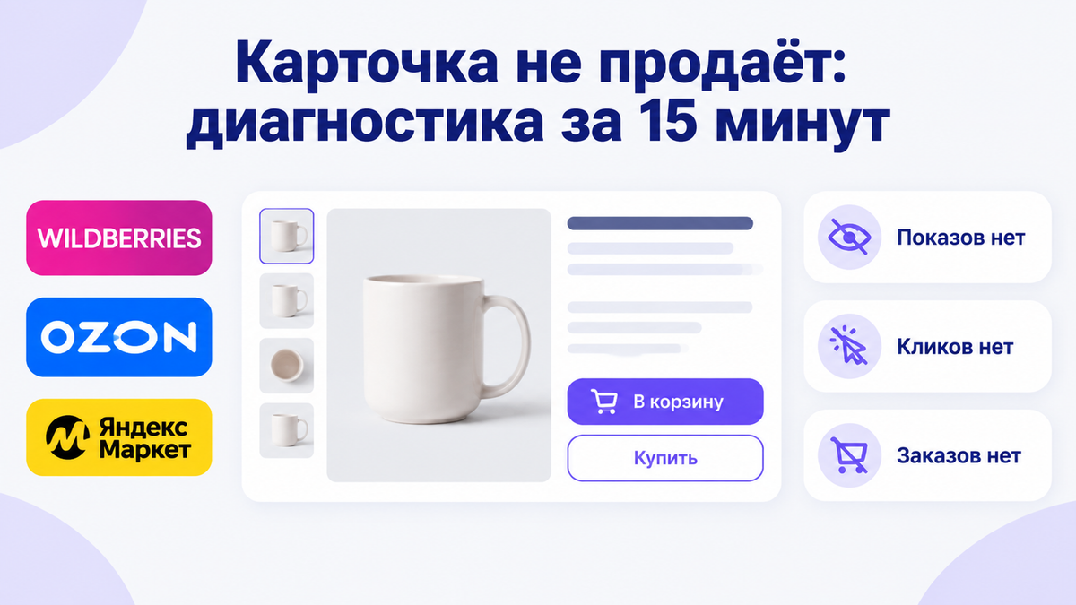 Обложка: заголовок «Карточка не продаёт: диагностика за 15 минут», карточка товара с кружкой, логотипы Wildberries, OZON, Яндекс Маркет, выноски «Показов нет», «Кликов нет», «Заказов нет».