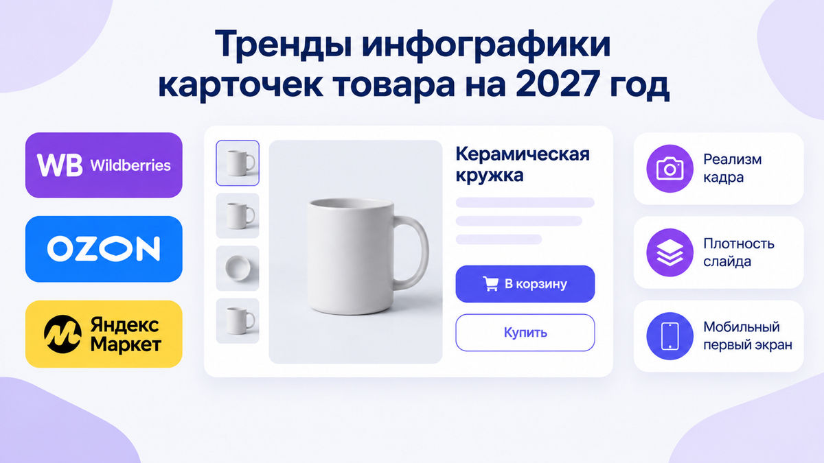 Обложка: заголовок «Тренды инфографики карточек товара на 2027 год», логотипы Wildberries, OZON, Яндекс Маркет, карточка с керамической кружкой и выноски с параметрами.