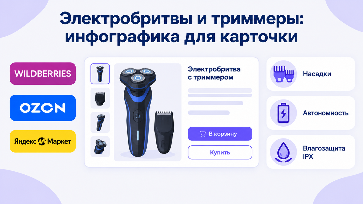 Обложка: заголовок «Электробритвы и триммеры: инфографика для карточки», логотипы Wildberries/OZON/Яндекс Маркет, макет карточки бритвы, выноски «Насадки», «Автономность», «Влагозащита IPX».