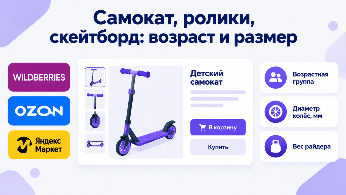 Обложка: заголовок «Самокат, ролики, скейтборд: возраст и размер», макет карточки товара с детским самокатом, логотипы Wildberries, OZON и Яндекс Маркет, выноски с параметрами