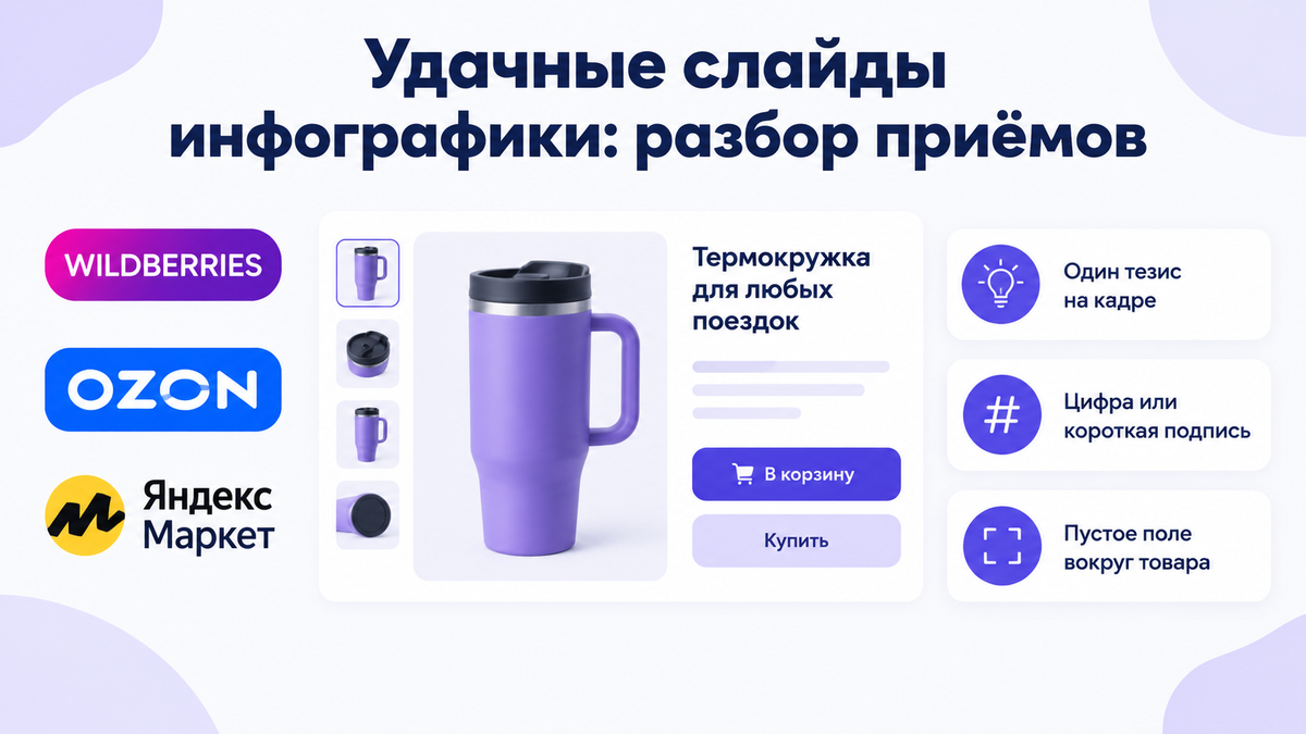 Обложка статьи: заголовок «Удачные слайды инфографики: разбор приёмов», логотипы Wildberries, OZON, Яндекс Маркет, макет карточки термокружки, три белые выноски с параметрами слайда.