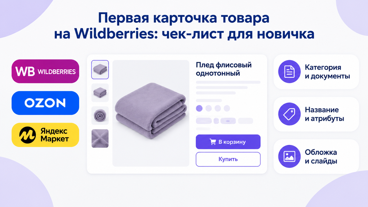 Обложка статьи о первой карточке на Wildberries: крупный заголовок, макет карточки с пледом, логотипы Wildberries, OZON и Яндекс Маркет, три карточки-подсказки с параметрами чек-листа.