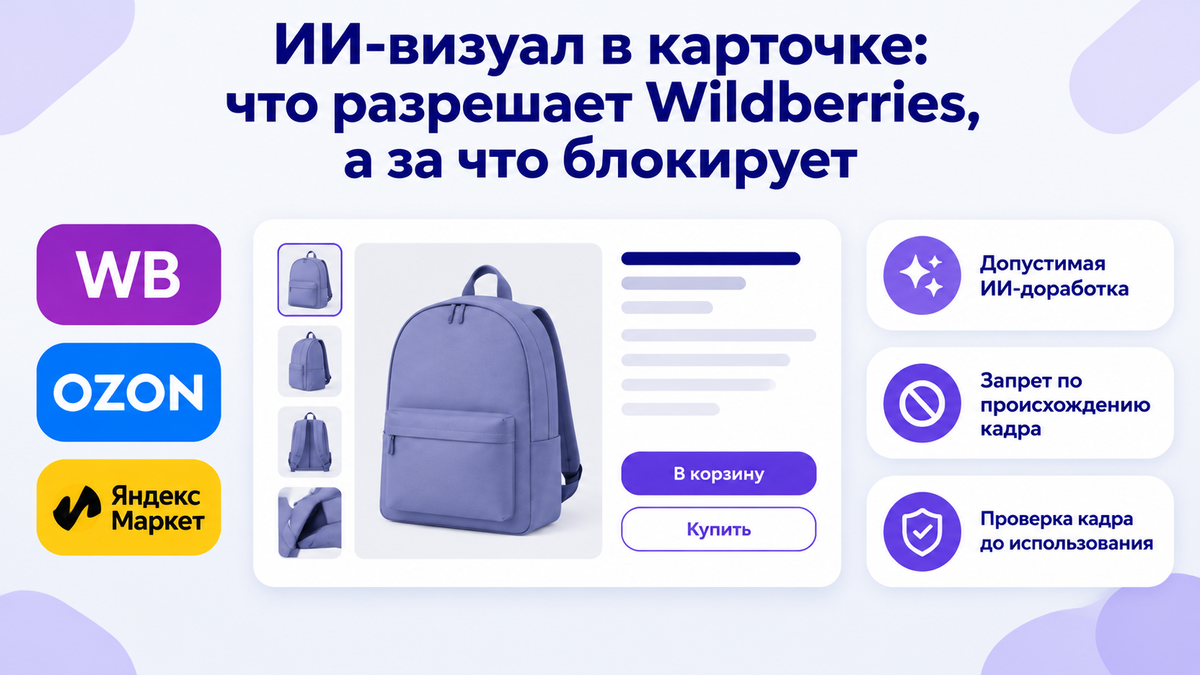 Три логотипа: Wildberries, OZON и Яндекс Маркет. Обложка статьи «ИИ-визуал в карточке: что разрешает Wildberries, а за что блокирует», по центру карточка с рюкзаком, справа три выноски.
