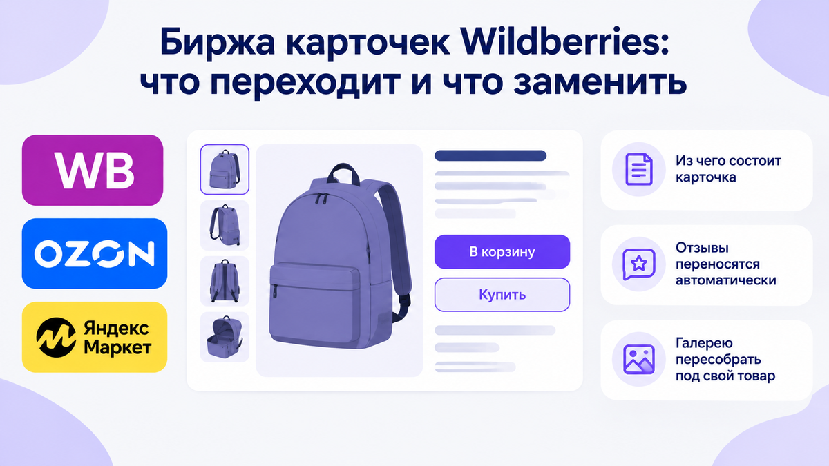 Обложка: заголовок «Биржа карточек Wildberries: что переходит и что заменить», слева логотипы Wildberries, OZON, Яндекс Маркет, по центру карточка товара, справа три выноски с иконками.