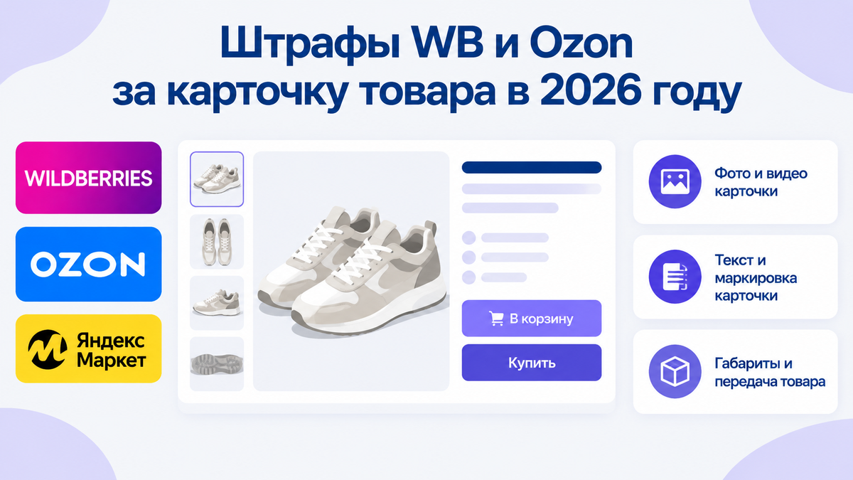 Плоская иллюстрация: штрафы WB и Ozon за карточку в 2026 году, карточка товара и три выноски — фото, текст, габариты