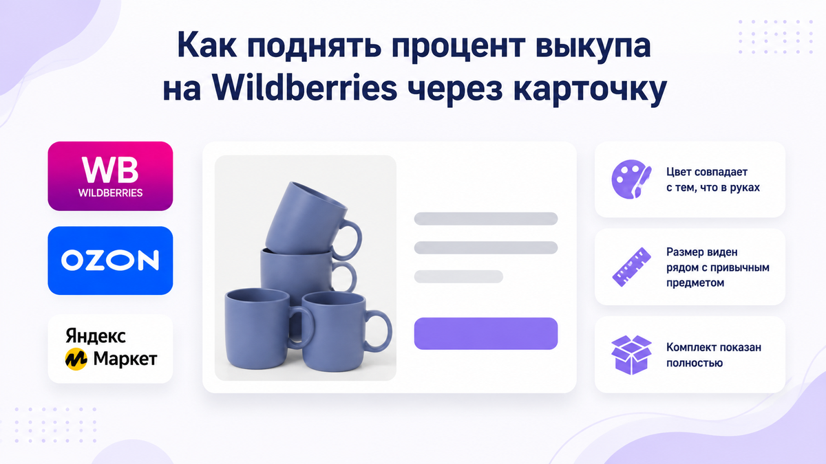 Обложка статьи о проценте выкупа на Wildberries: макет карточки товара с посудой и логотипами маркетплейсов