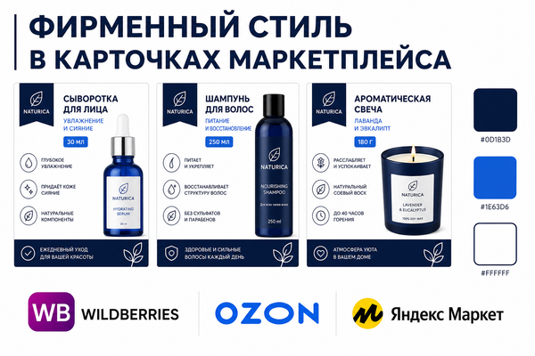 Фирменный стиль карточек маркетплейса — единая цветовая схема на нескольких товарах