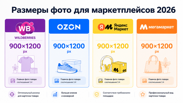 Сравнение требований к размерам изображений для Wildberries, Ozon, Яндекс Маркет и Мегамаркет 2026