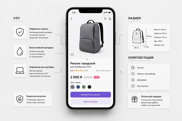 Смартфон с карточкой товара и элементами инфографики для маркетплейса