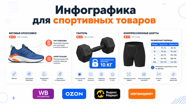 Инфографика для спортивных товаров на маркетплейсах — структура слайдов карточки товара