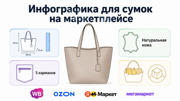 Инфографика для карточки сумки на маркетплейсе — слайды с размерами, материалом и вместимостью