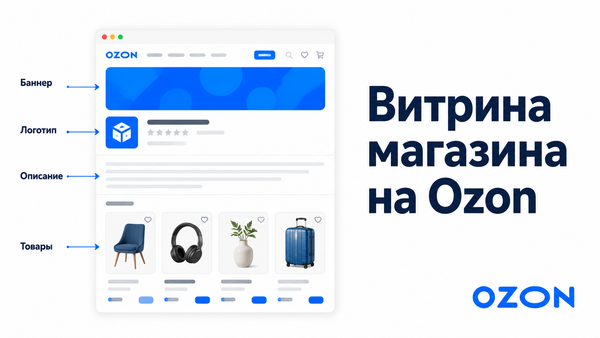 Схема оформления витрины магазина на Ozon с выносками на баннер, логотип, описание и товары
