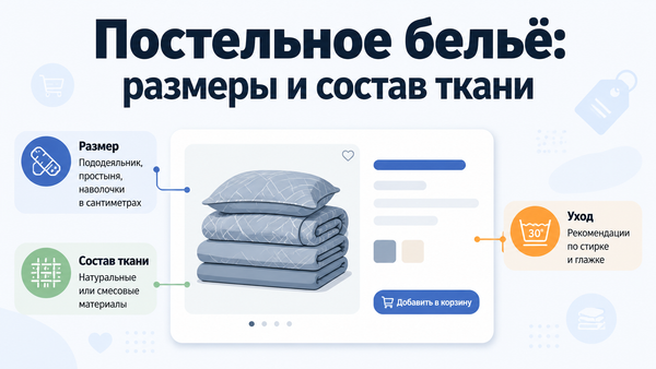 Обложка статьи о размерах и составе ткани постельного белья для карточки маркетплейса