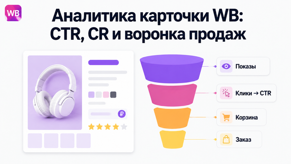Инфографика-обложка «Аналитика карточки Wildberries: CTR, CR и воронка продаж» с макетом карточки товара и воронкой продаж