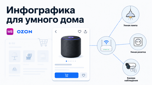 Инфографика умного дома: колонка, лампа, розетка и камера, соединённые с домашним хабом