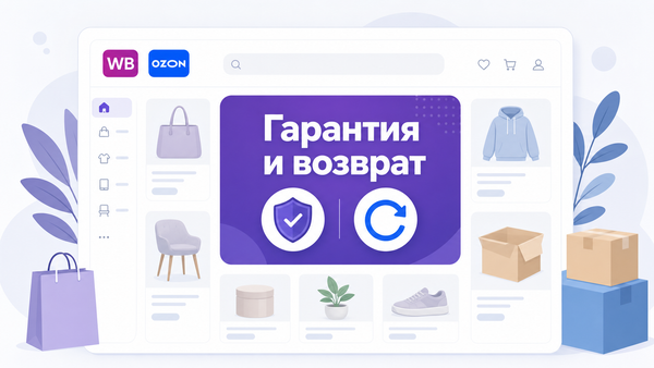 Обложка статьи: блок гарантии и возврата на карточке товара маркетплейса с иконками щита и возврата