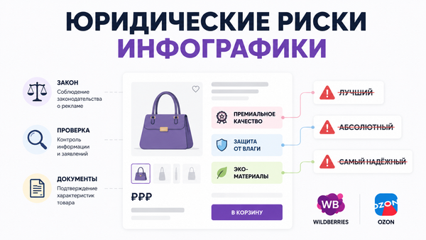 Обложка статьи о юридических рисках текста на инфографике карточки товара