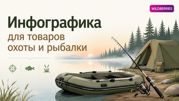 Обложка статьи об инфографике для товаров охоты и рыбалки: надувная лодка со спиннингом и палатка на берегу озера на рассвете, логотип Wildberries в углу
