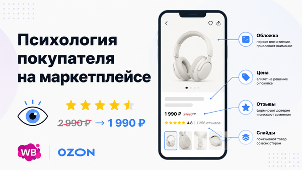 Иллюстрация к статье о психологии покупателя на маркетплейсе — карточка товара с элементами доверия и визуальными триггерами