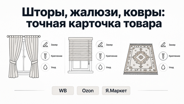 Инфографика-обложка: шторы, жалюзи и ковёр с иконками замера, крепления и ухода для карточки товара