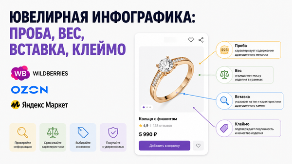 Инфографика: проба, вес, вставка и клеймо в карточке ювелирного украшения