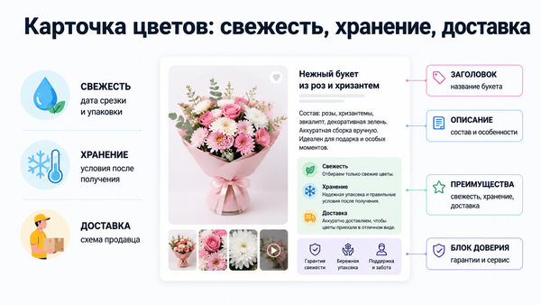 Обложка статьи: макет карточки живых цветов на маркетплейсе — свежесть, хранение, доставка