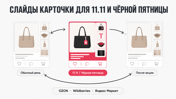 Три состояния карточки товара: обычный день, акция 11.11 и Чёрная пятница, откат после акции — OZON, Wildberries, Яндекс Маркет