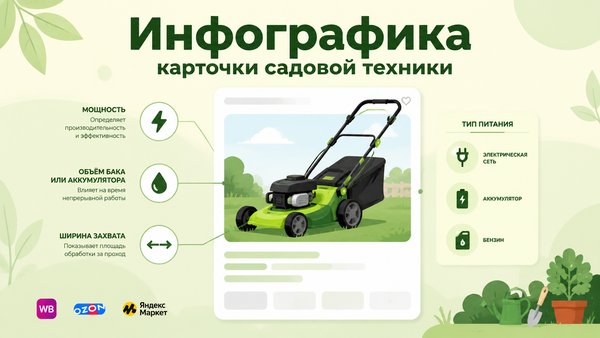 Инфографика карточки садовой техники с иконками мощности, бака и типа питания на маркетплейсе