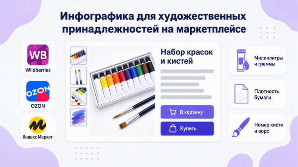Обложка: заголовок статьи, макет карточки товара с красками и кистями и три белые карточки-выноски с подписями параметров