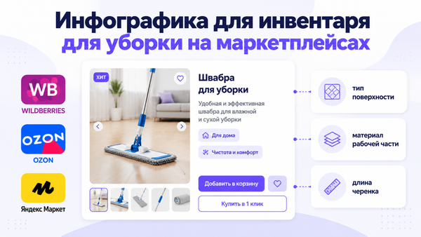 Контурная композиция инвентаря для уборки: швабра с плоской платформой и ручная щётка на однотонном фоне