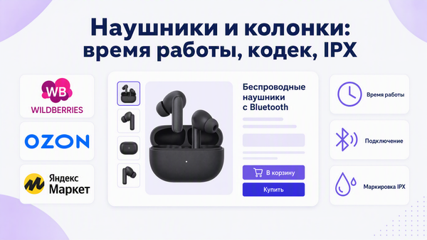 Обложка: наушники и колонка на маркетплейсе — время работы, кодек Bluetooth, маркировка IPX