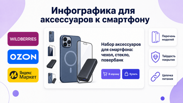 Обложка статьи с заголовком, карточкой товара (чехол, стекло, повербанк) и логотипами площадок