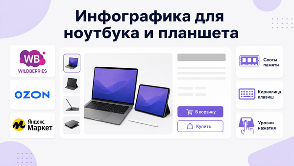 Обложка «Инфографика для ноутбука и планшета»: мокап карточки, логотипы WB, OZON, Яндекс Маркет