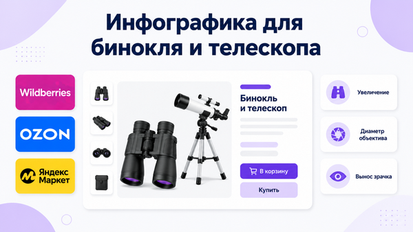 Обложка «Инфографика для бинокля и телескопа», логотипы площадок, карточка с биноклем.