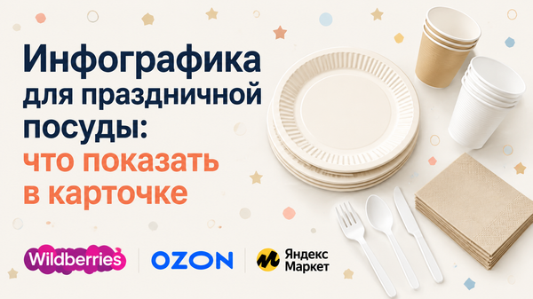Инфографика для карточки одноразовой посуды и праздничного декора на маркетплейсе