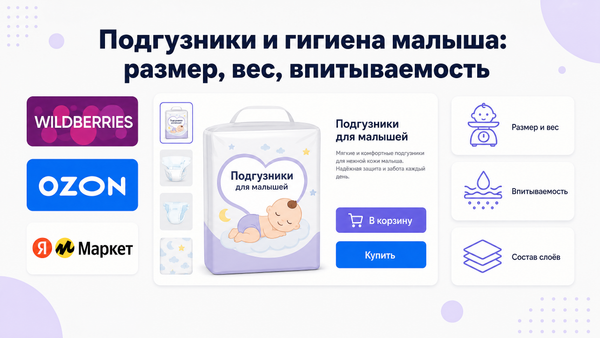Обложка статьи про подгузники и гигиену малышей: заголовок, мокап карточки товара, логотипы Wildberries, OZON, Яндекс Маркет, три выноски — размер и вес, впитываемость, состав слоёв