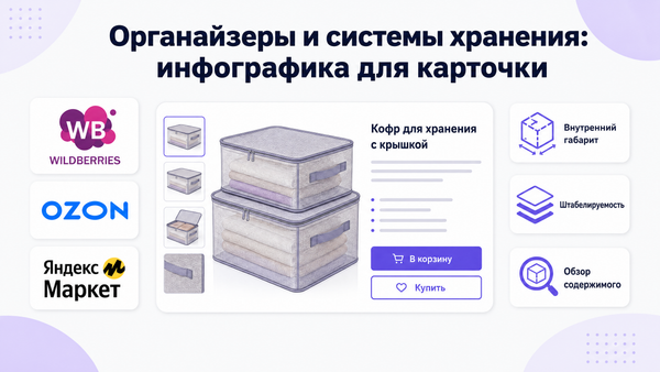 Обложка статьи об органайзерах и системах хранения: логотипы Wildberries, OZON, Яндекс Маркет, карточка кофра, подписи «Внутренний габарит», «Штабелируемость», «Обзор содержимого».