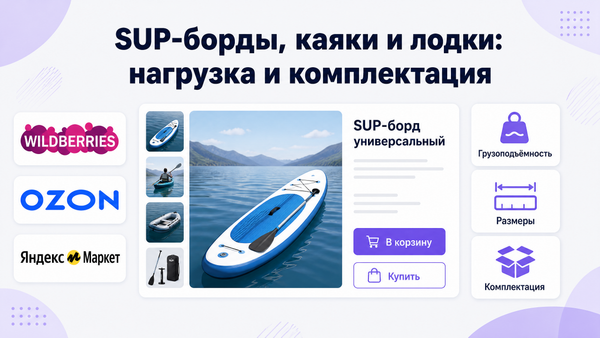 Обложка статьи: макет карточки SUP-борда на маркетплейсе с логотипами Wildberries, OZON и Яндекс Маркета, справа выноски «Грузоподъёмность», «Размеры», «Комплектация».
