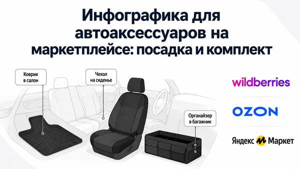 Инфографика для карточки автоаксессуаров на маркетплейсе: коврик, чехол и органайзер в салоне автомобиля