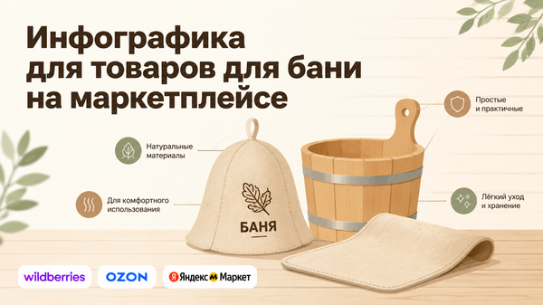 Инфографика для товаров для бани на маркетплейсе на фоне логотипов Wildberries, OZON и Яндекс Маркет