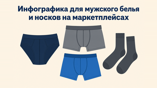 Плоская раскладка мужского нижнего белья и носков — обложка материала об инфографике для карточки на маркетплейсах