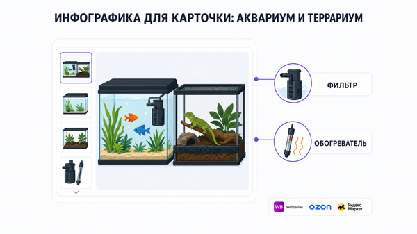 Аквариум и террариум с фильтром и обогревателем на карточке товара — инфографика для аквариума на маркетплейсе
