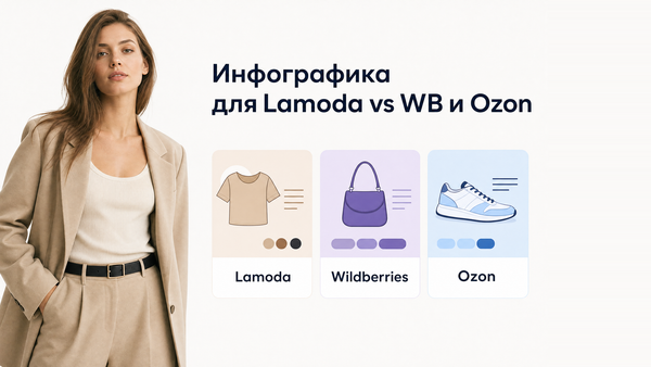 Фото модели в одежде и три карточки маркетплейсов с названиями Lamoda, Wildberries и Ozon