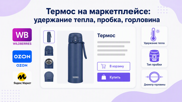 Инфографика для термоса на маркетплейсе: обложка о часах удержания тепла, типе пробки и диаметре горловины термоса.
