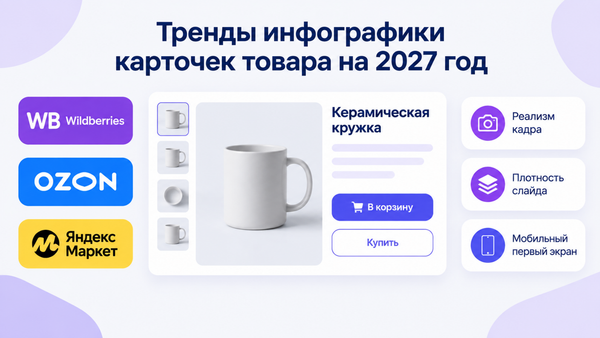 Обложка: заголовок «Тренды инфографики карточек товара на 2027 год», логотипы Wildberries, OZON, Яндекс Маркет, карточка с керамической кружкой и выноски с параметрами.