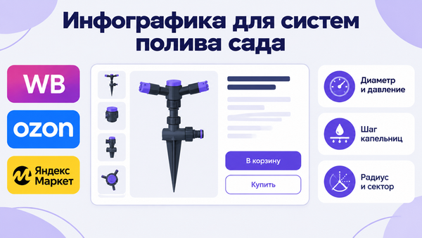 Обложка: заголовок «Инфографика для систем полива сада», слева логотипы Wildberries, OZON, Яндекс Маркет, по центру карточка товара с дождевателем, справа три выноски.