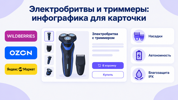 Обложка: заголовок «Электробритвы и триммеры: инфографика для карточки», логотипы Wildberries/OZON/Яндекс Маркет, макет карточки бритвы, выноски «Насадки», «Автономность», «Влагозащита IPX».