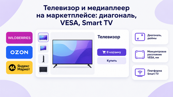 Обложка: заголовок «Телевизор и медиаплеер на маркетплейсе: диагональ, VESA, Smart TV», логотипы Wildberries, OZON, Яндекс Маркет, карточка товара «Телевизор», карточки-выноски с параметрами.