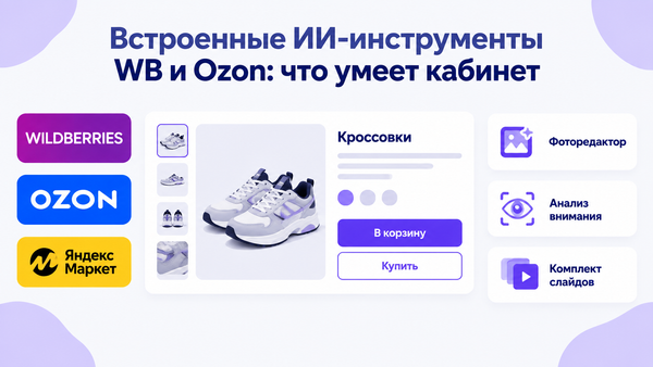 Обложка: заголовок «Встроенные ИИ-инструменты WB и Ozon: что умеет кабинет», карточка товара, логотипы площадок, выноски «Фоторедактор», «Анализ внимания», «Комплект слайдов».
