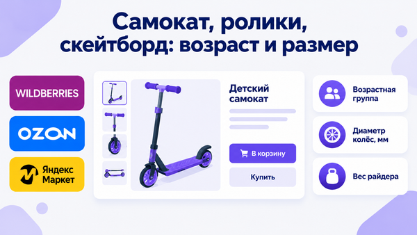 Обложка: заголовок «Самокат, ролики, скейтборд: возраст и размер», макет карточки товара с детским самокатом, логотипы Wildberries, OZON и Яндекс Маркет, выноски с параметрами